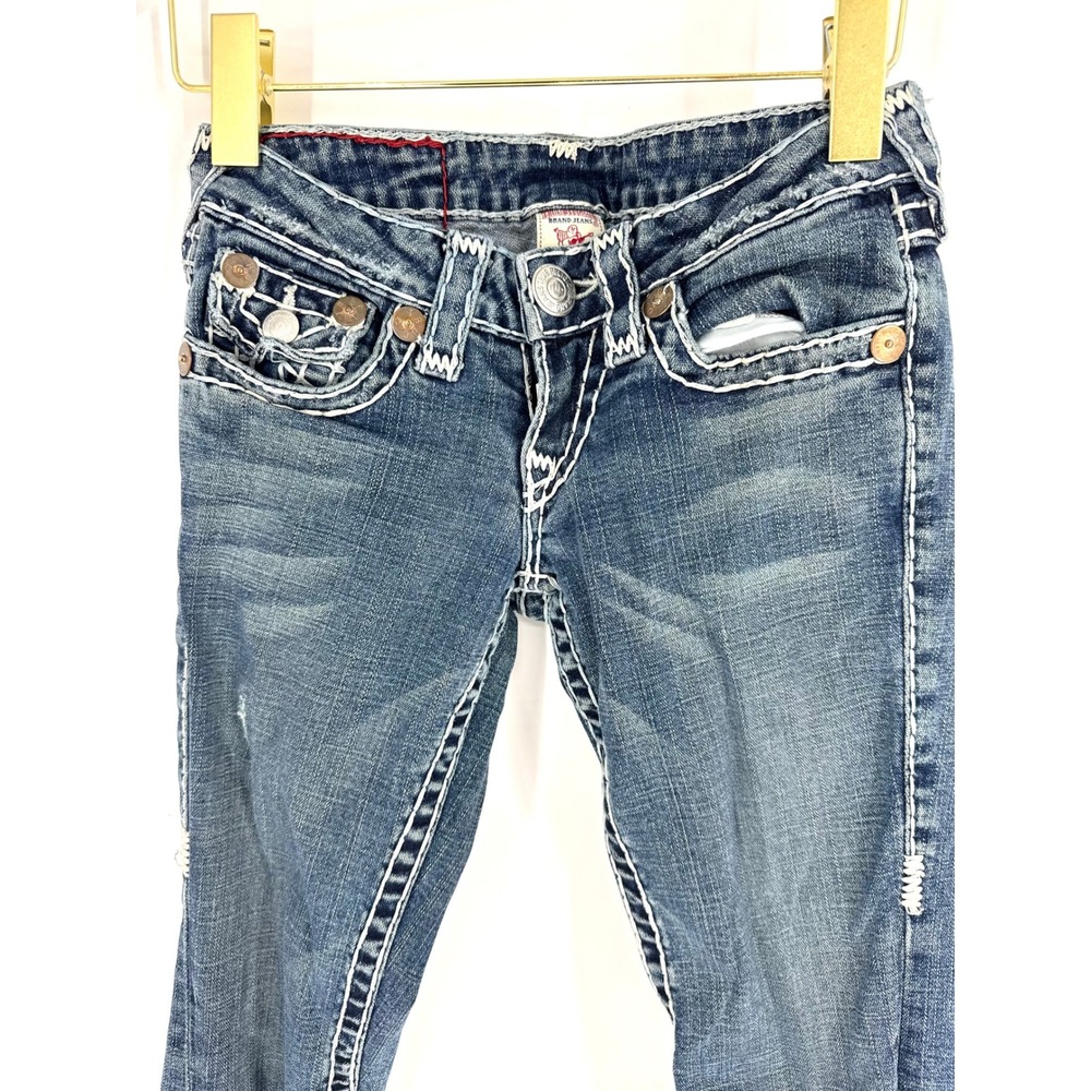 True Religion Joey Super T Jeans Blue Low Rise Flare White Stitch Denim Size 24